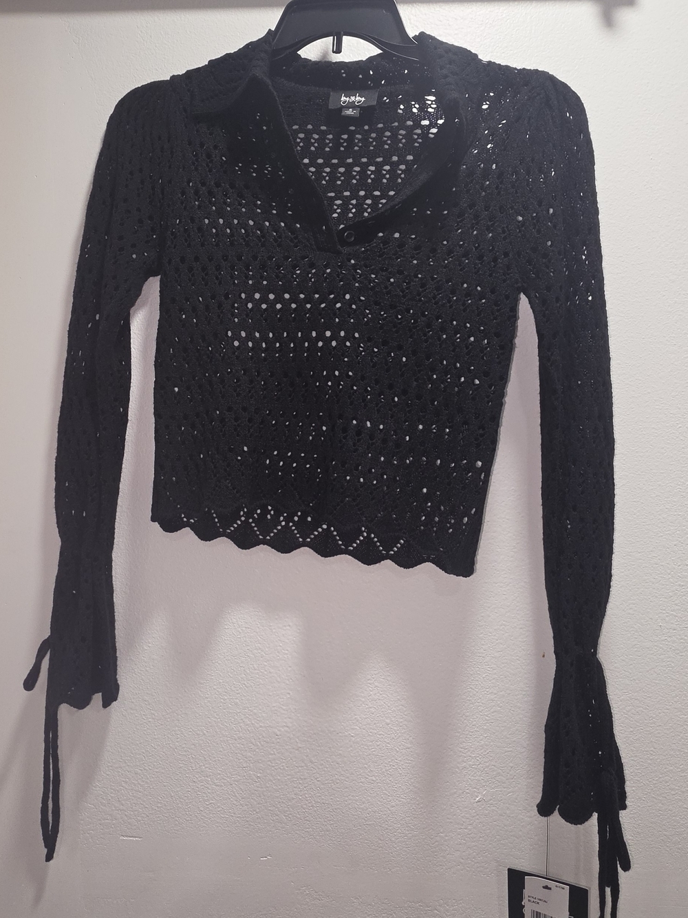 by & by Black Open-Knit Collared Long Sleeve Top